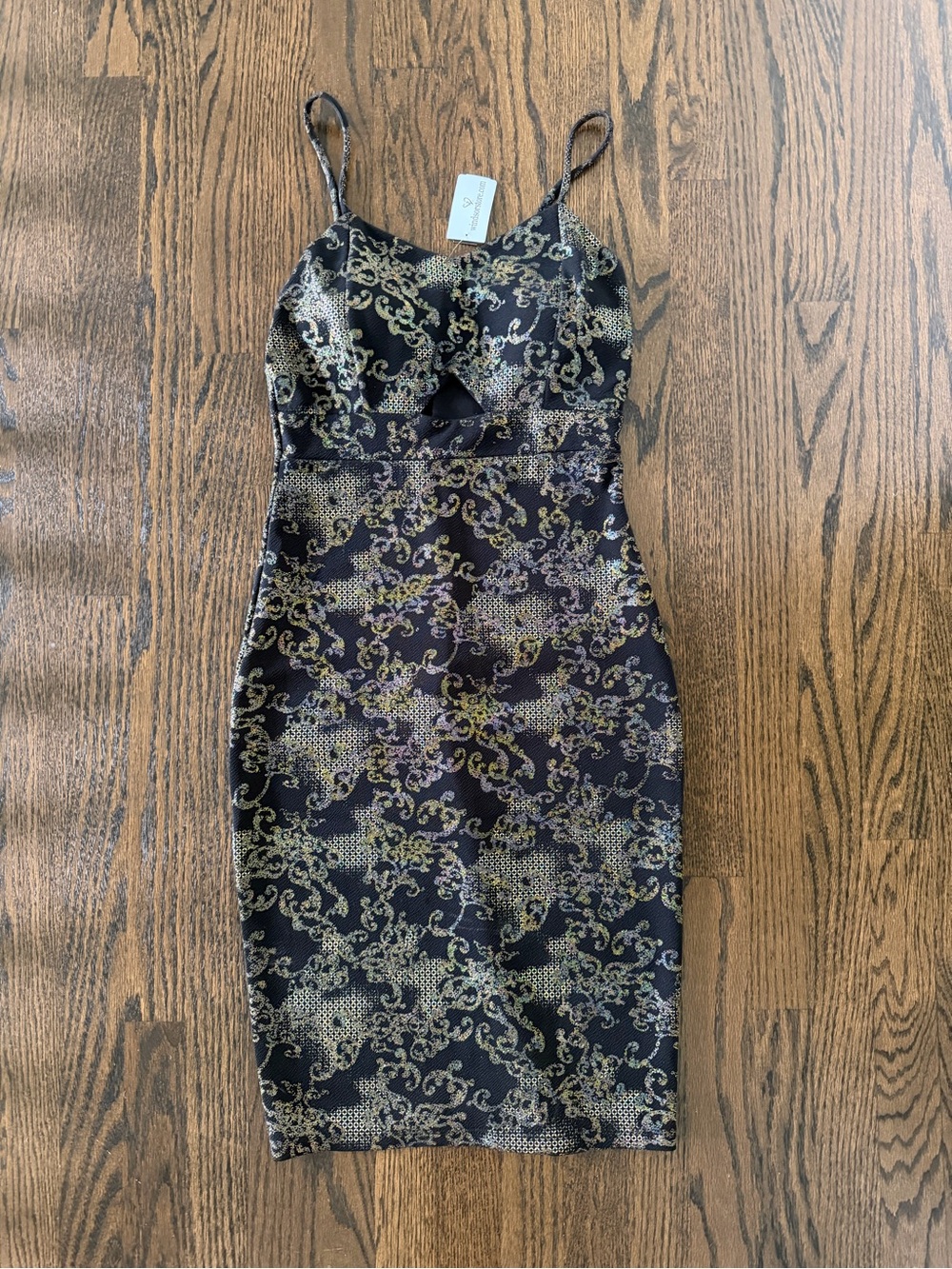 NWT Windsor Black and Gold Brocade Spaghetti-Strap Midi Dress
